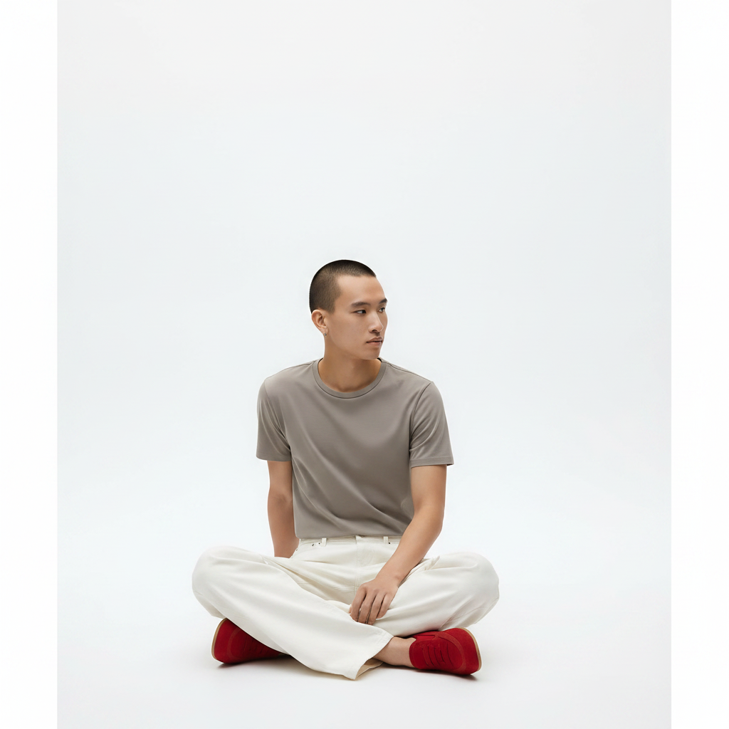 Straight Leg Pants Cotton Stretch on model - White front view