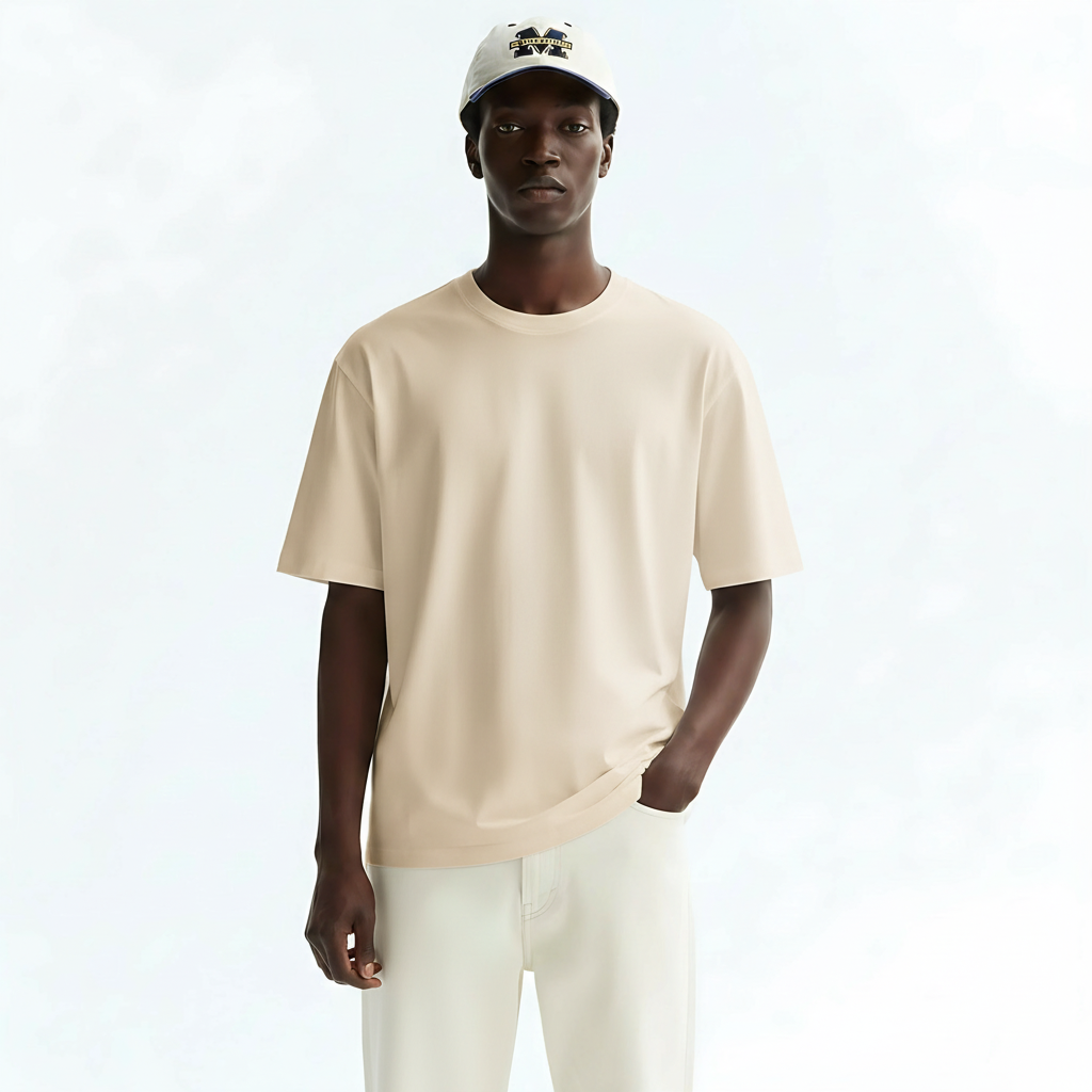 Short Sleeve T-Shirt Quick-Dry Cotton Blend on model - Beige front view