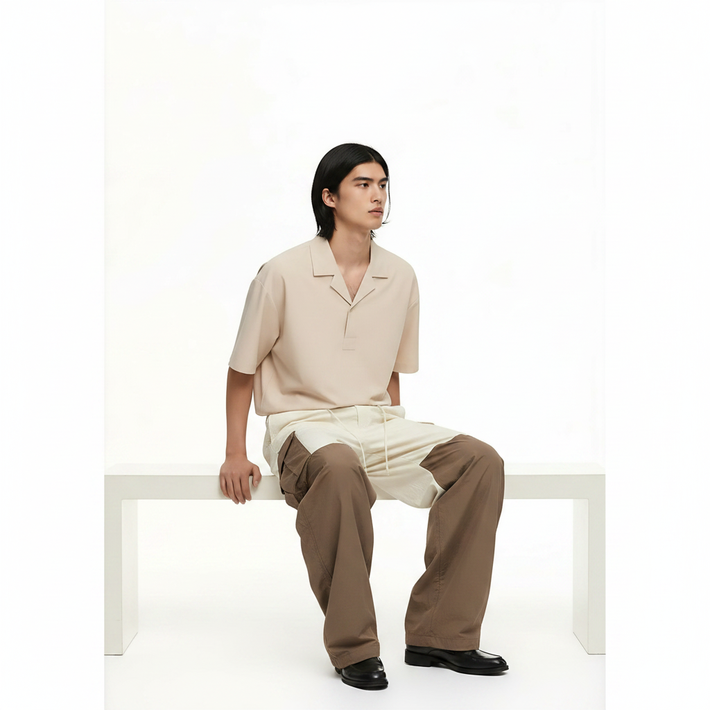 Wide-Leg Cargo Pants Lightweight Nylon on model - Brown front view