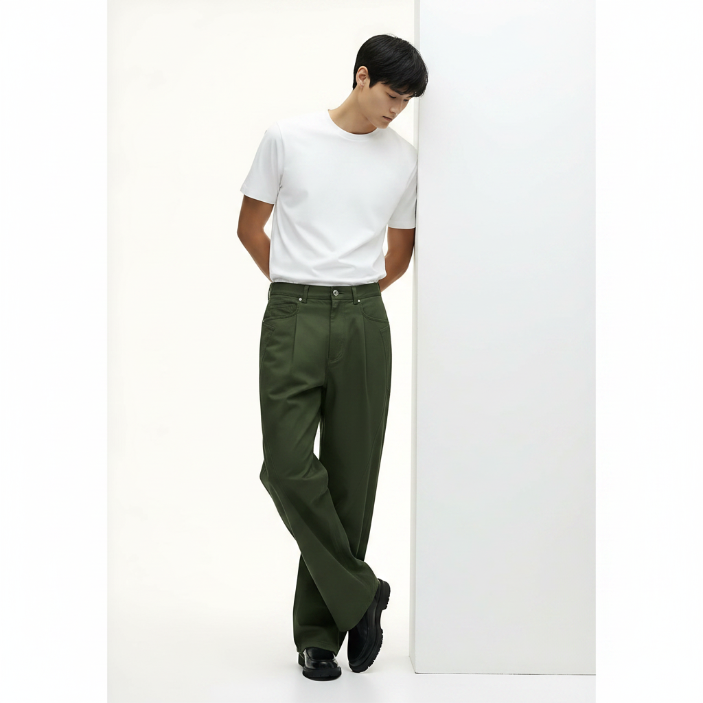 Casual Cotton Pants 100% on model - Green front view