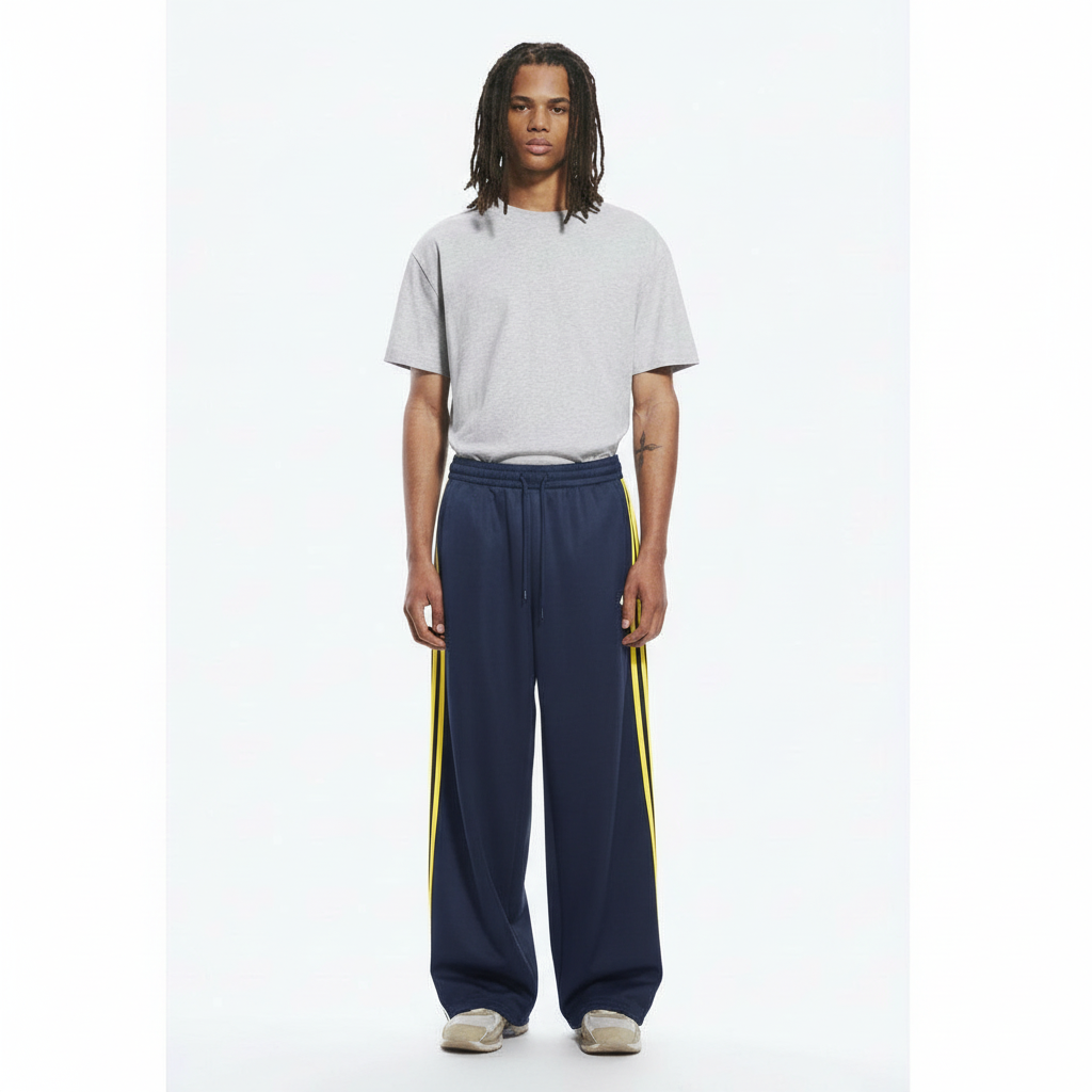 Striped Wide-Leg Pants Track on model - Blue Thin front view