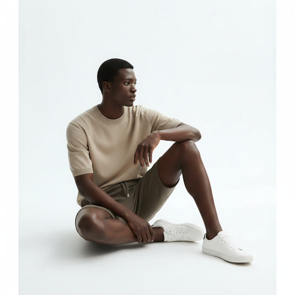 Short Sleeve Knit Sweater on model - Brown front view