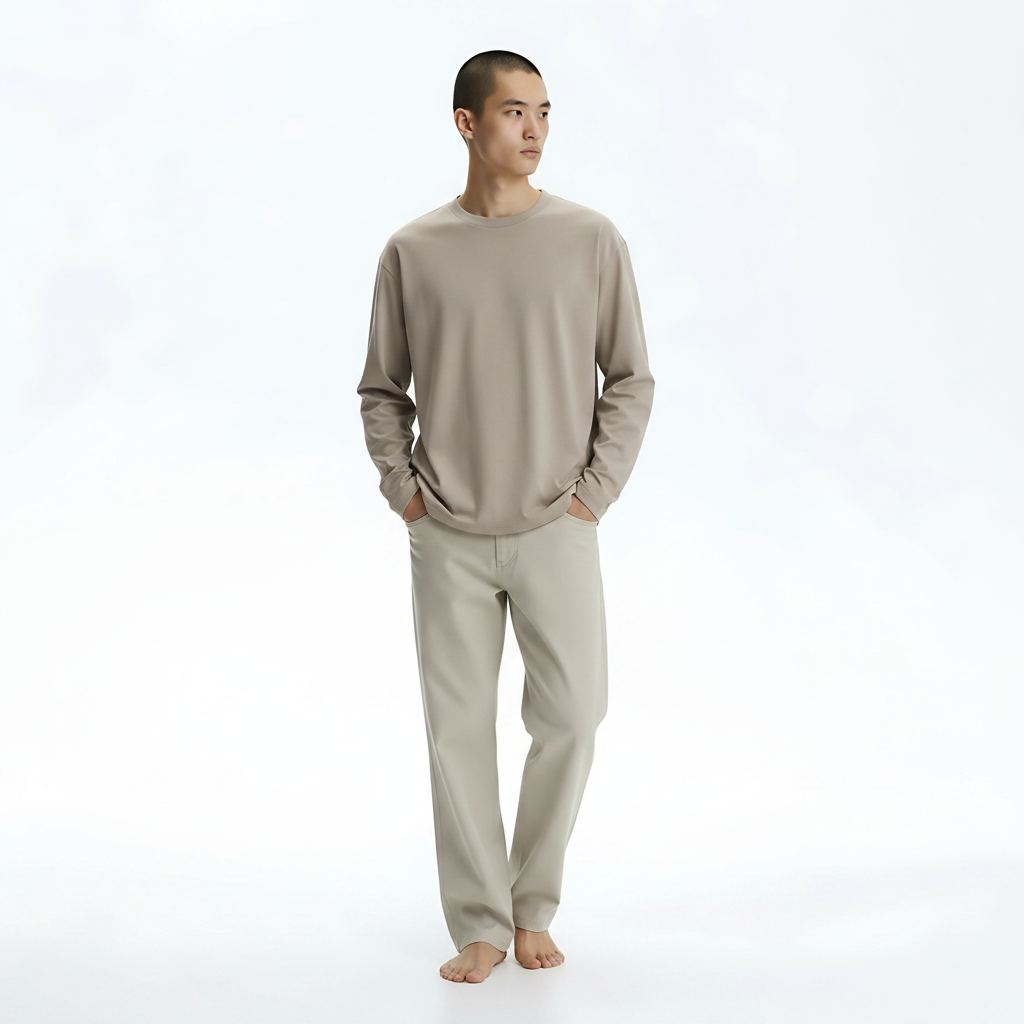 Long-Sleeve Cotton T-Shirt on model - Ash front view