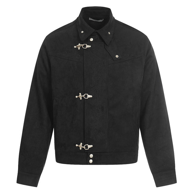 Men's cropped black jacket with fireman clasps, front