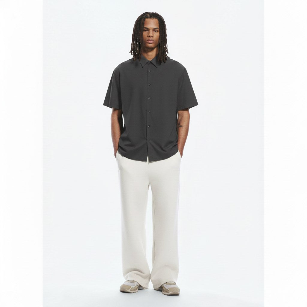 Japanese button up shirt in dark gray, front view