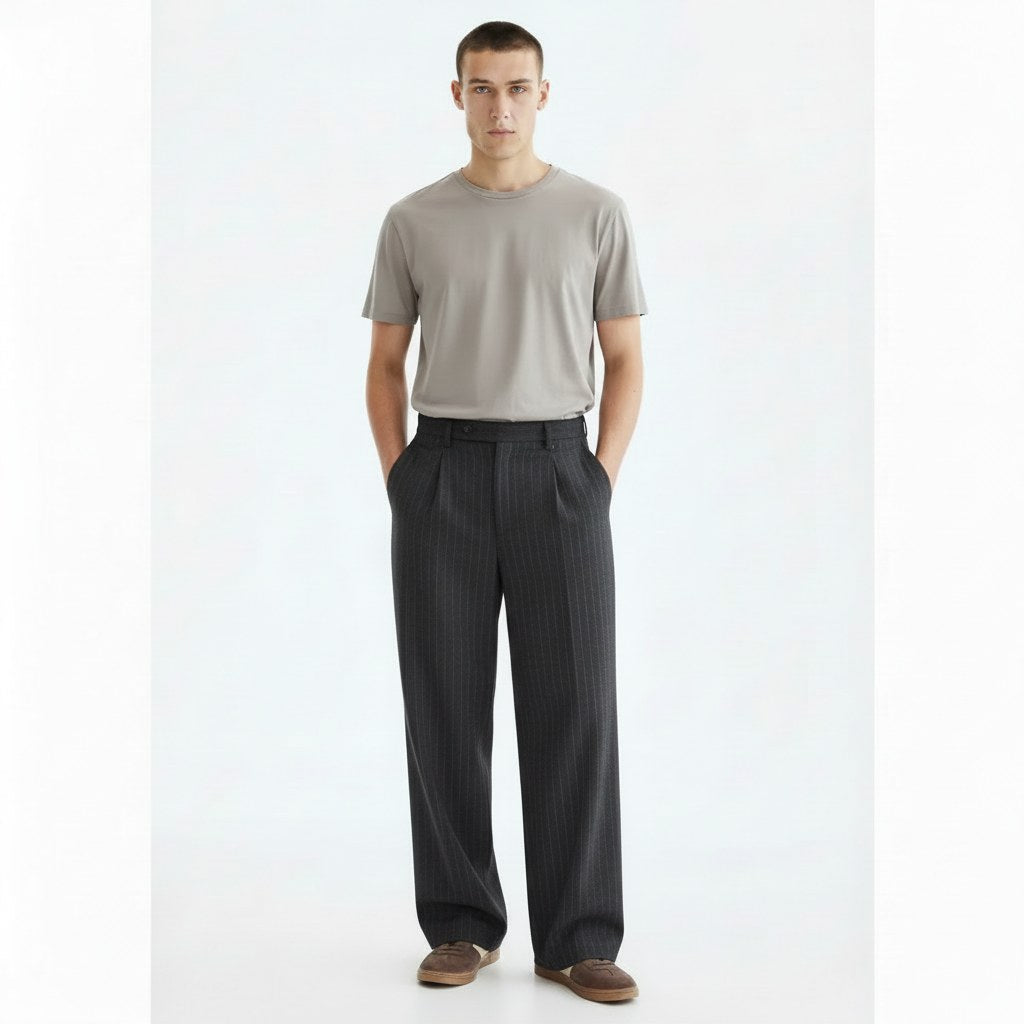 Textured striped trousers in dark gray, front view