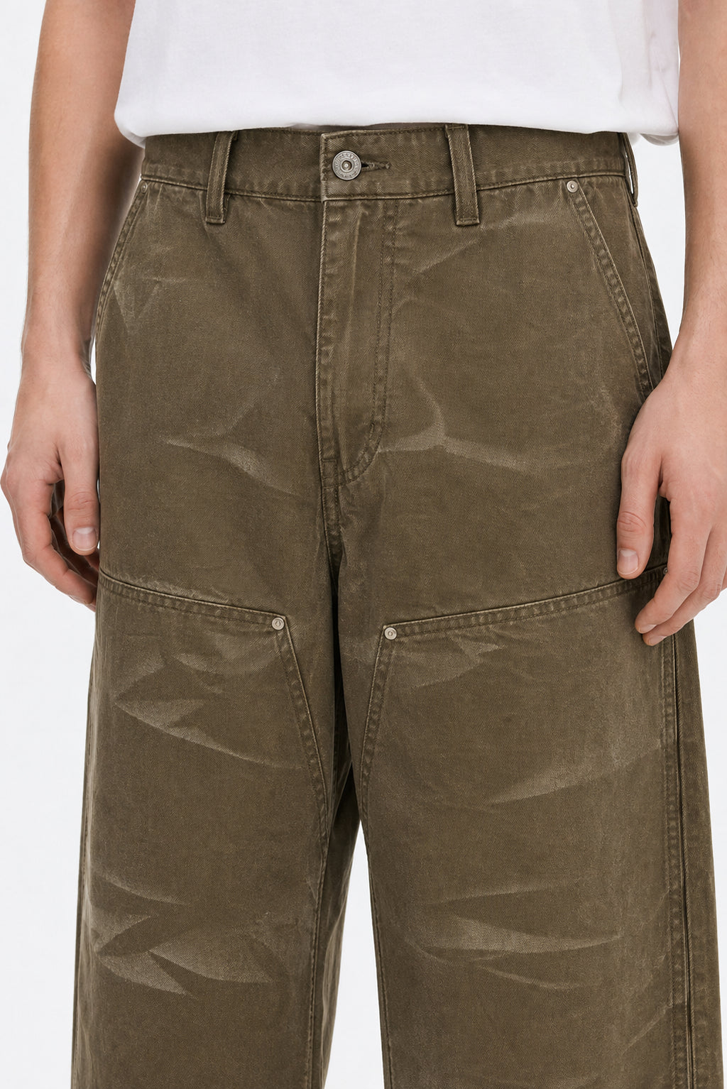 Heavyweight Pants - Khaki Waistband, Fly, And Panel Detail