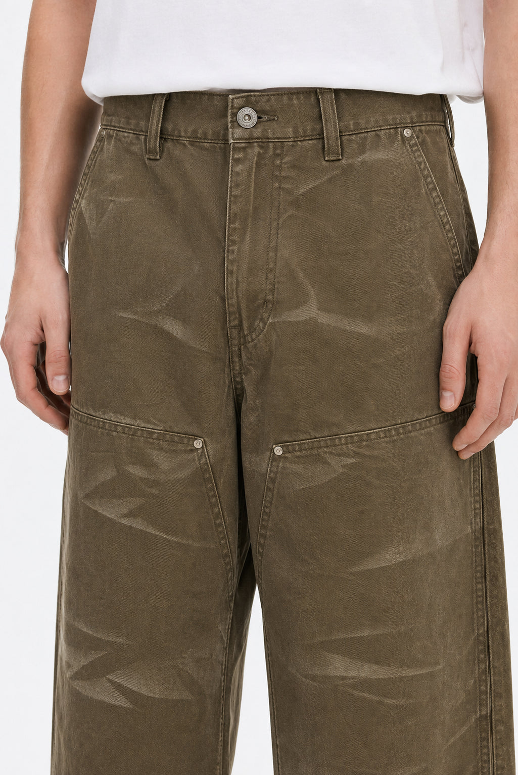 Heavyweight Pants - Khaki Waistband, Fly, And Panel Detail