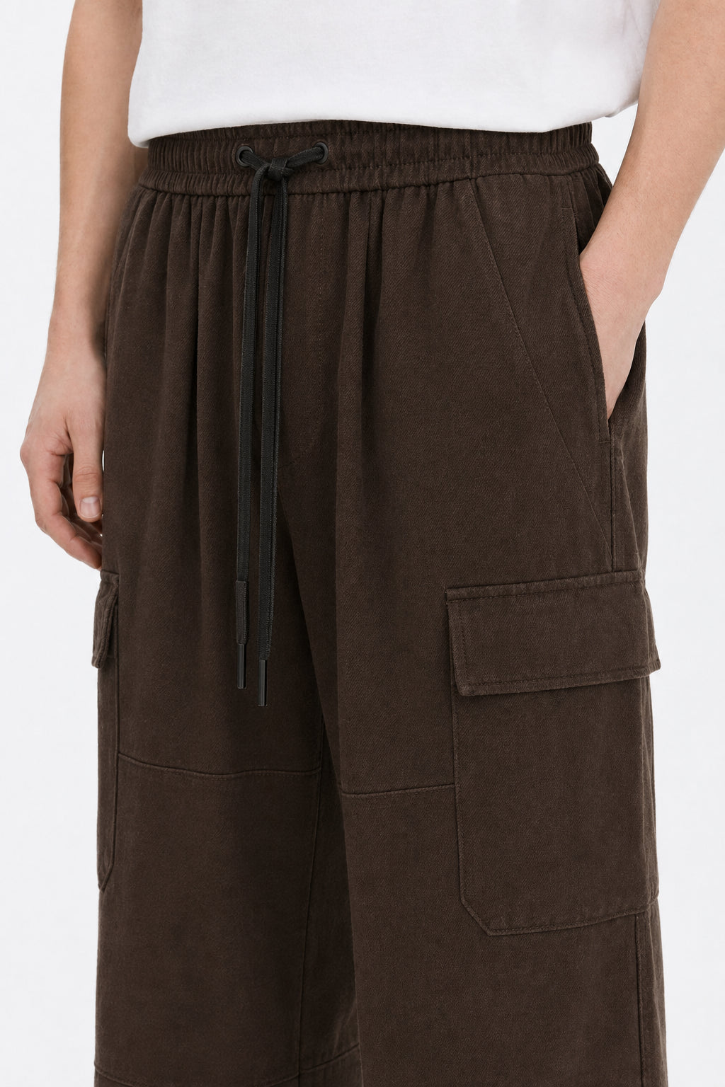 Cotton Pants Heavyweight Straight-Leg - Brown Waistband, Drawstring, And Cargo Pocket Detail