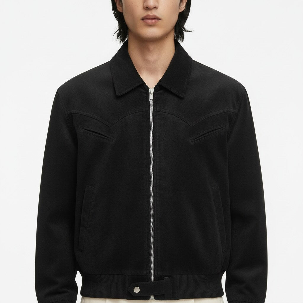 Faux Suede Bomber Jacket in black, detail view