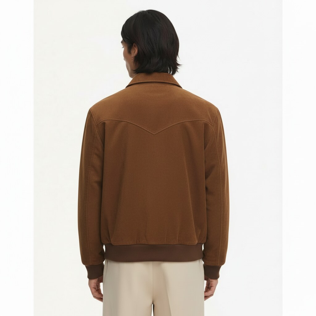 Faux Suede Bomber Jacket on model in tobacco brown, back view
