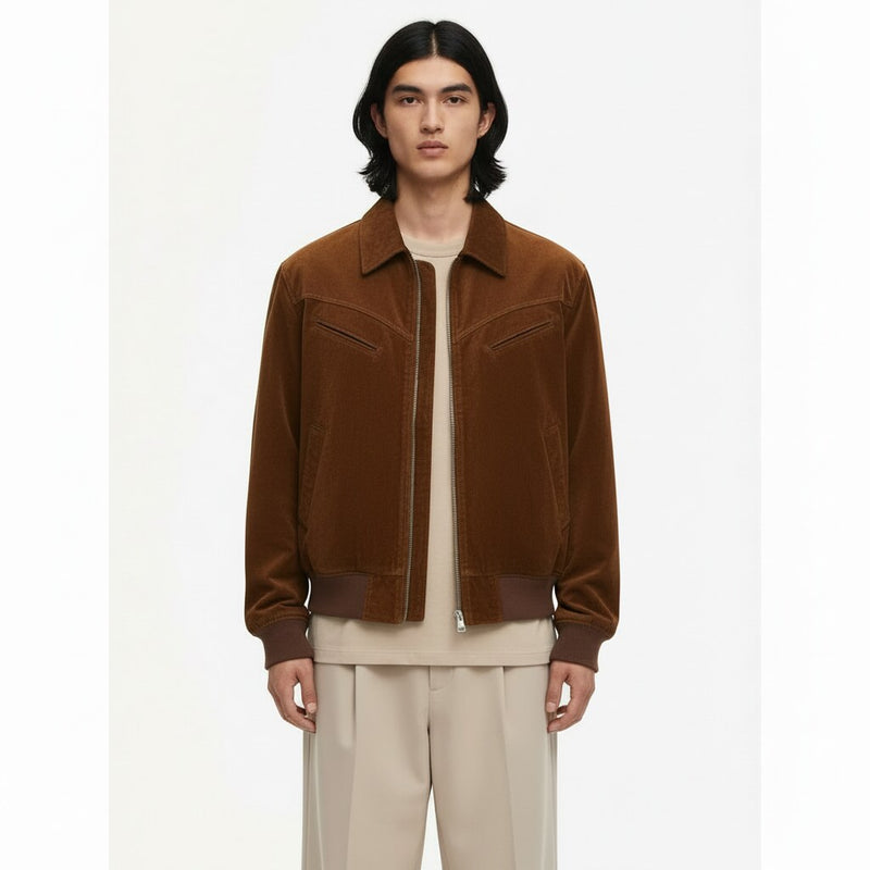 Faux Suede Bomber Jacket on model in tobacco brown, front view