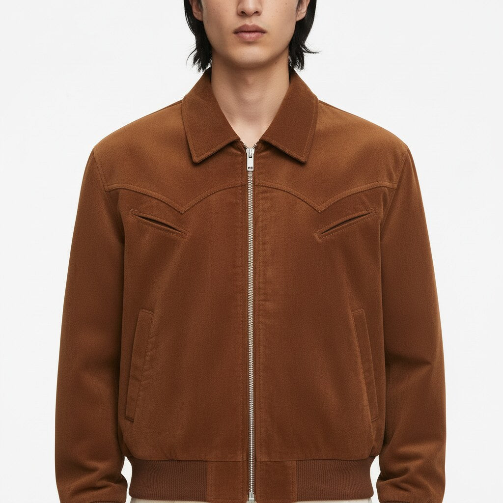 Faux Suede Bomber Jacket on model in tobacco brown, detail view of the western yoke seams