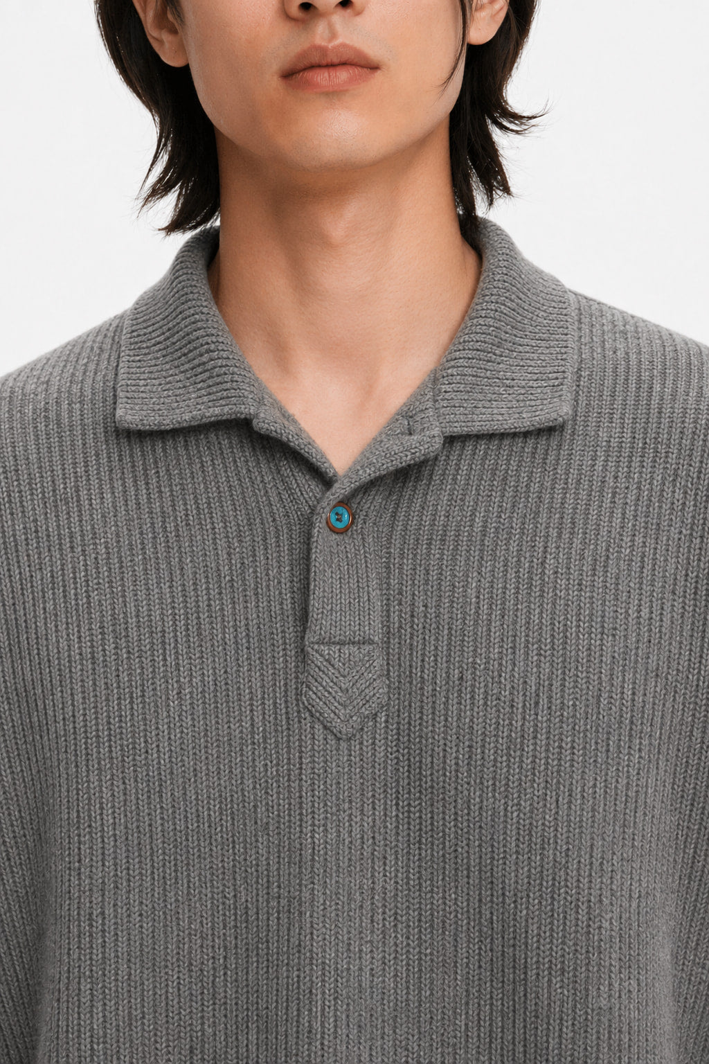Long-Sleeve Polo Shirt Italian Knit Collar - Gray Collar And Placket Detail