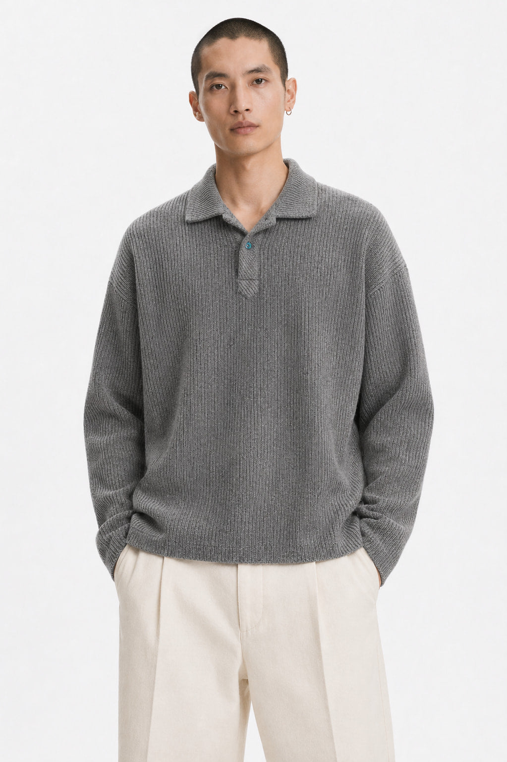 Italian One-Piece Collar Long-Sleeve Knit Polo on model - Gray - front hero