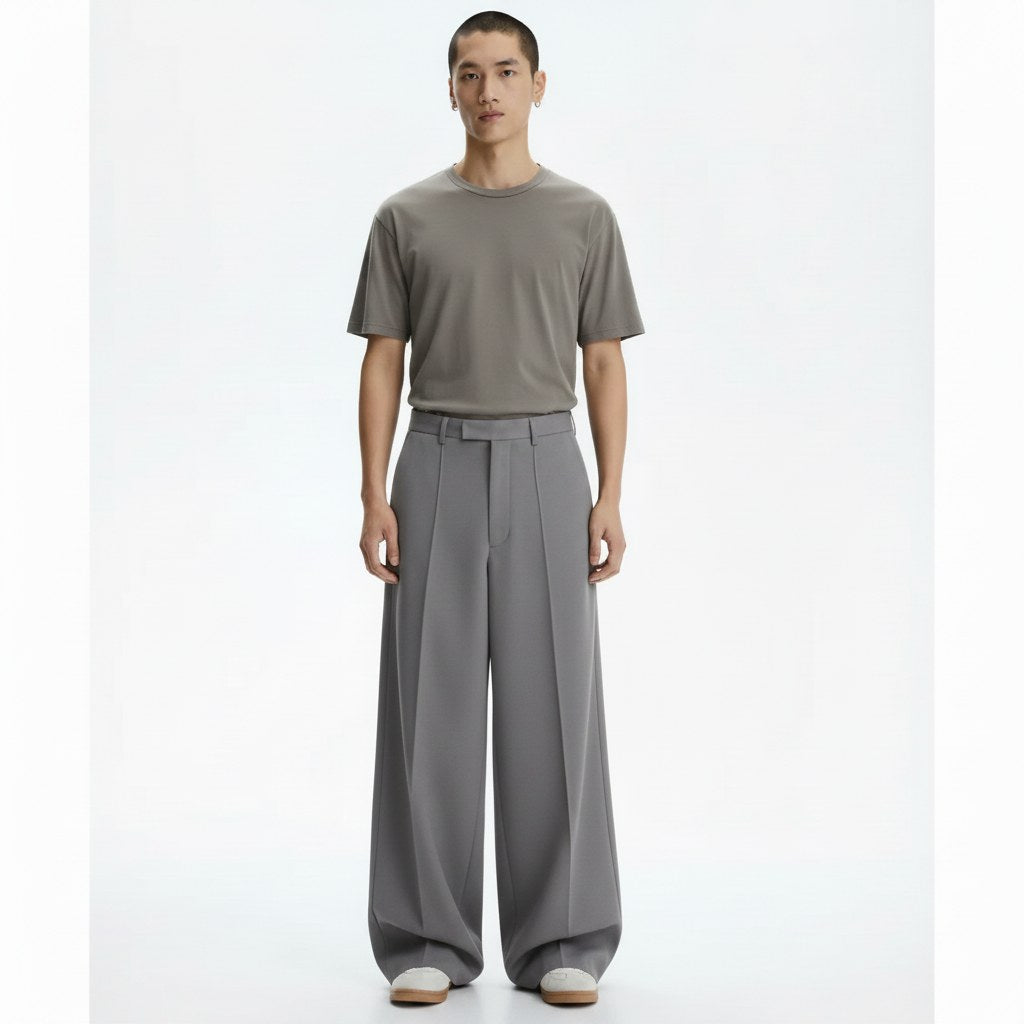 Wide pleated pants in gray, front view