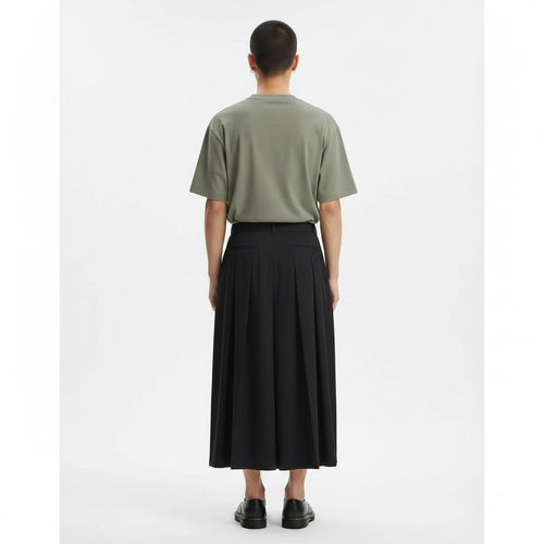Men's Pleated Hakama Style Pants on model in black, back view