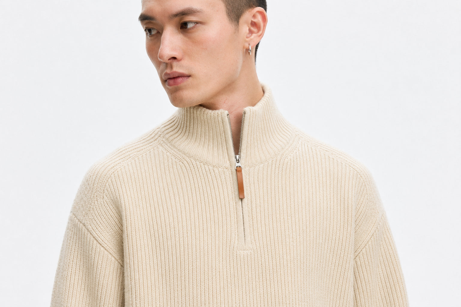 Half-Zip Knit Sweater - Cream Collar And Zipper