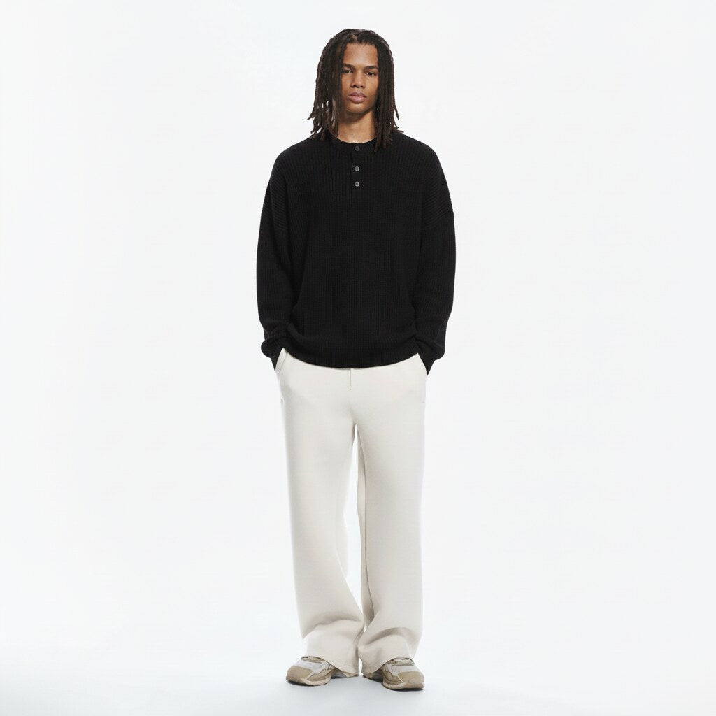 Henley Rib Sweater in black, front view