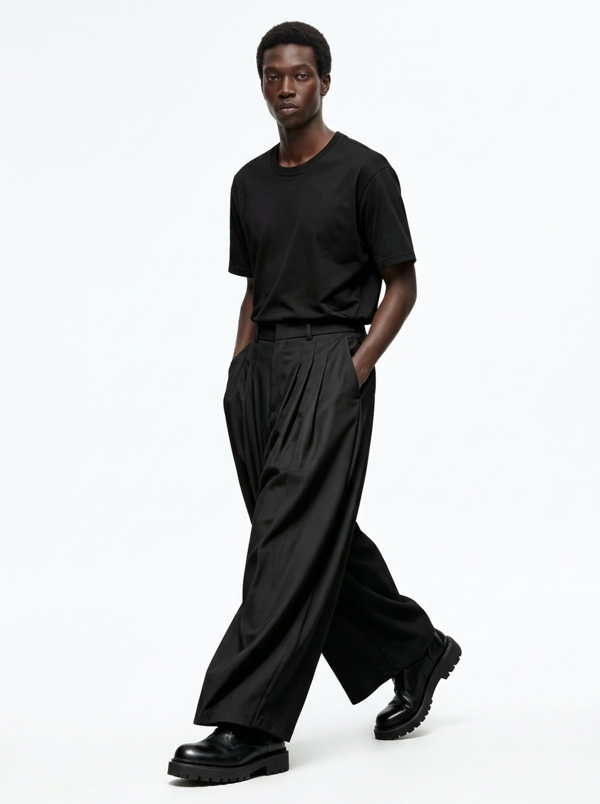 Men's Wide Pleated Japanese Hakama Pants, walking: the wide leg swings open like a skirt