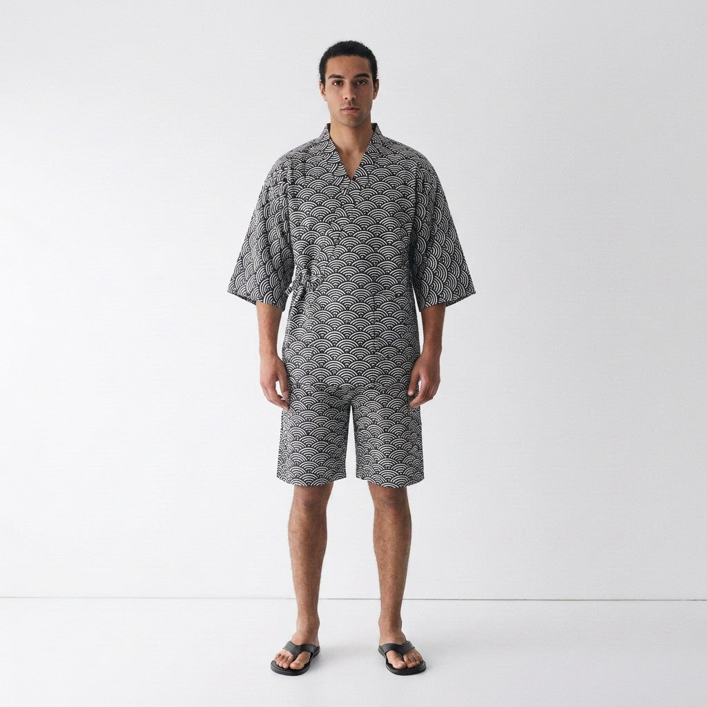 Seigaiha wave jinbei set in black wave