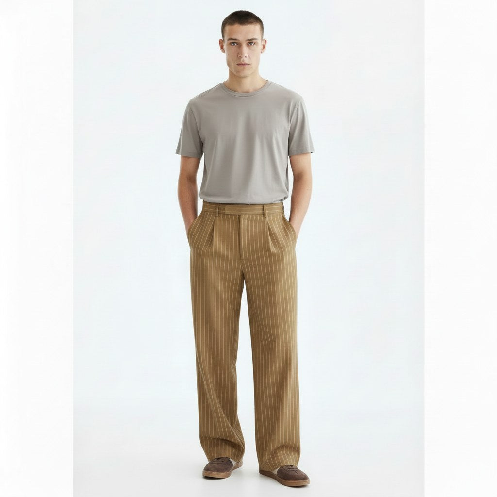Textured striped trousers in khaki, front view