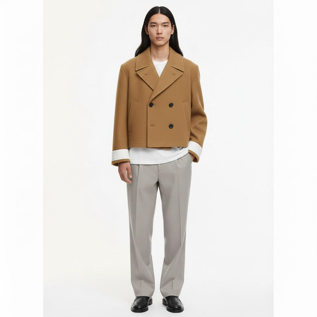 Cropped double breasted peacoat in khaki, front view