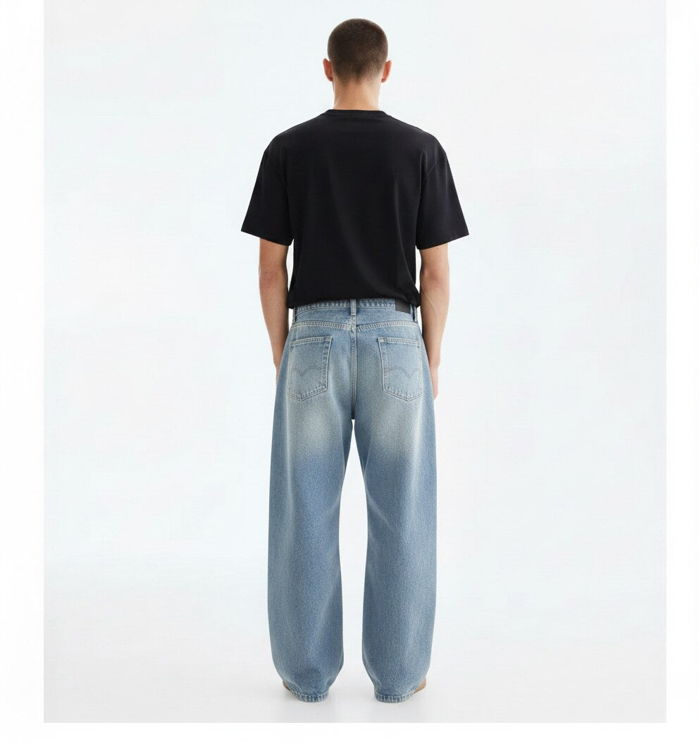 Light Wash Baggy Jeans on model, back view