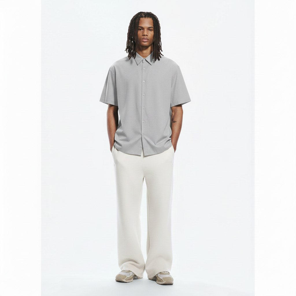 Japanese button up shirt in light gray, front view