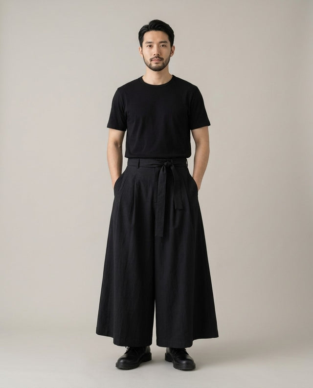 Men's long wide hakama pants, front view: belted front with long ties over a floor-length wide leg