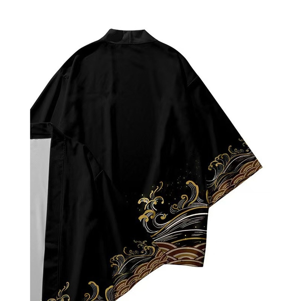 Men's black haori with gold wave print hem, back view