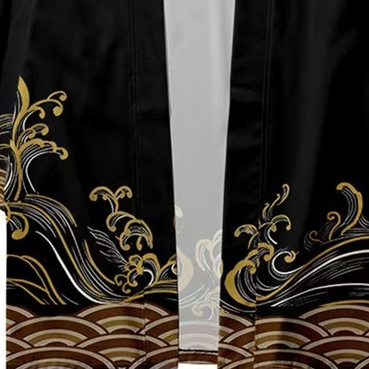 Men's black haori with gold wave print hem, print detail