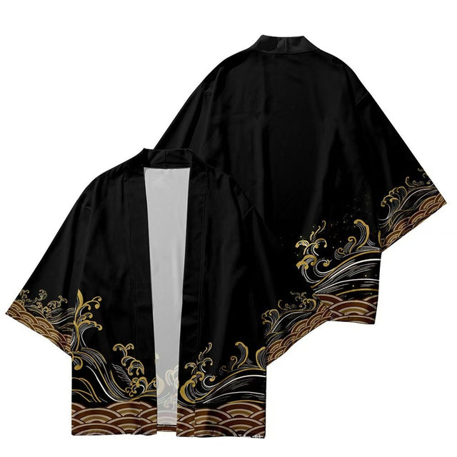 Men's black haori with gold wave print hem, front and back flat lay