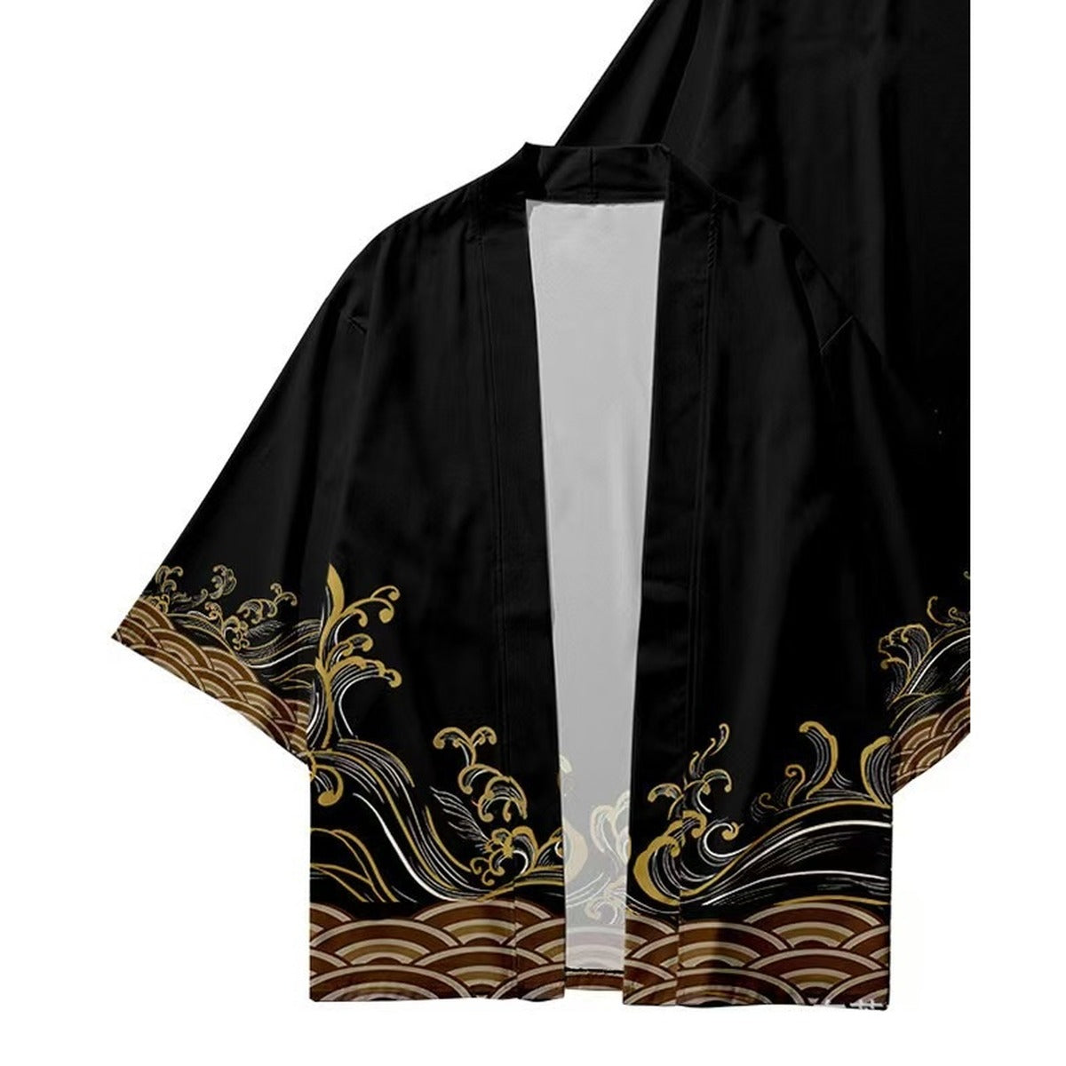 Men's black haori with gold wave print hem, front view
