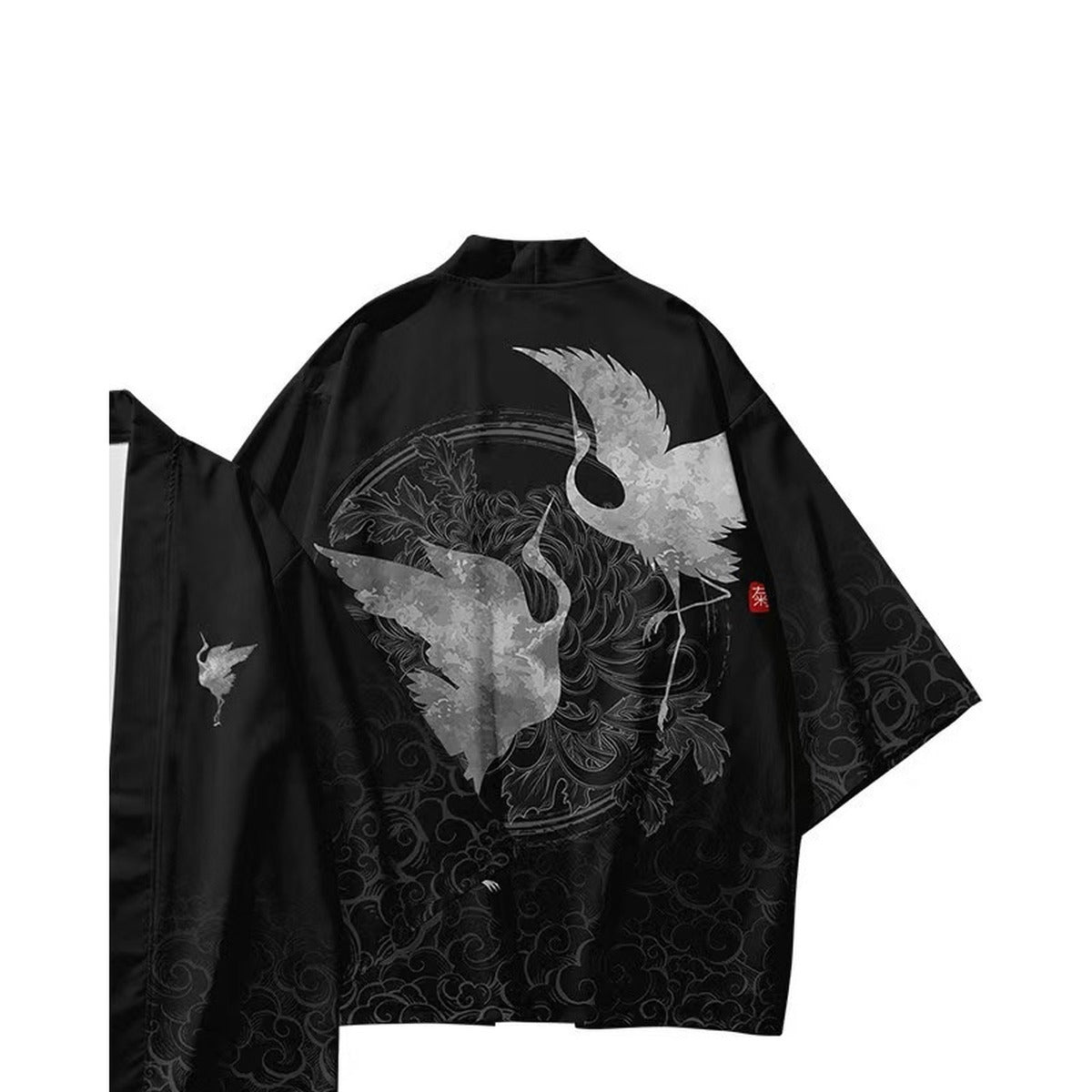 Men's black kimono jacket with crane and moon print, back view