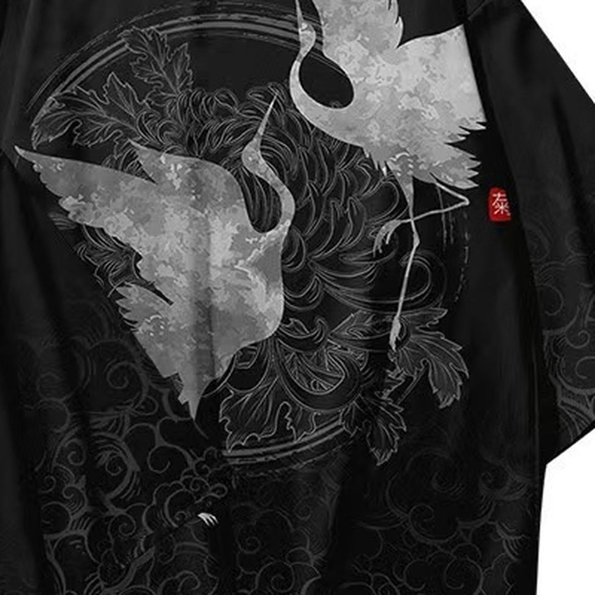 Men's black kimono jacket with crane and moon print, print detail
