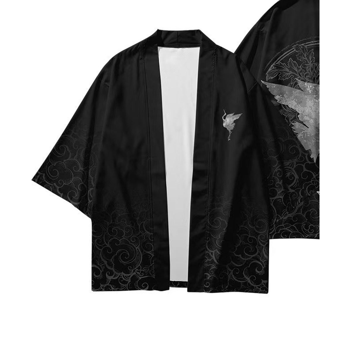 Men's black kimono jacket with crane and moon print, front view