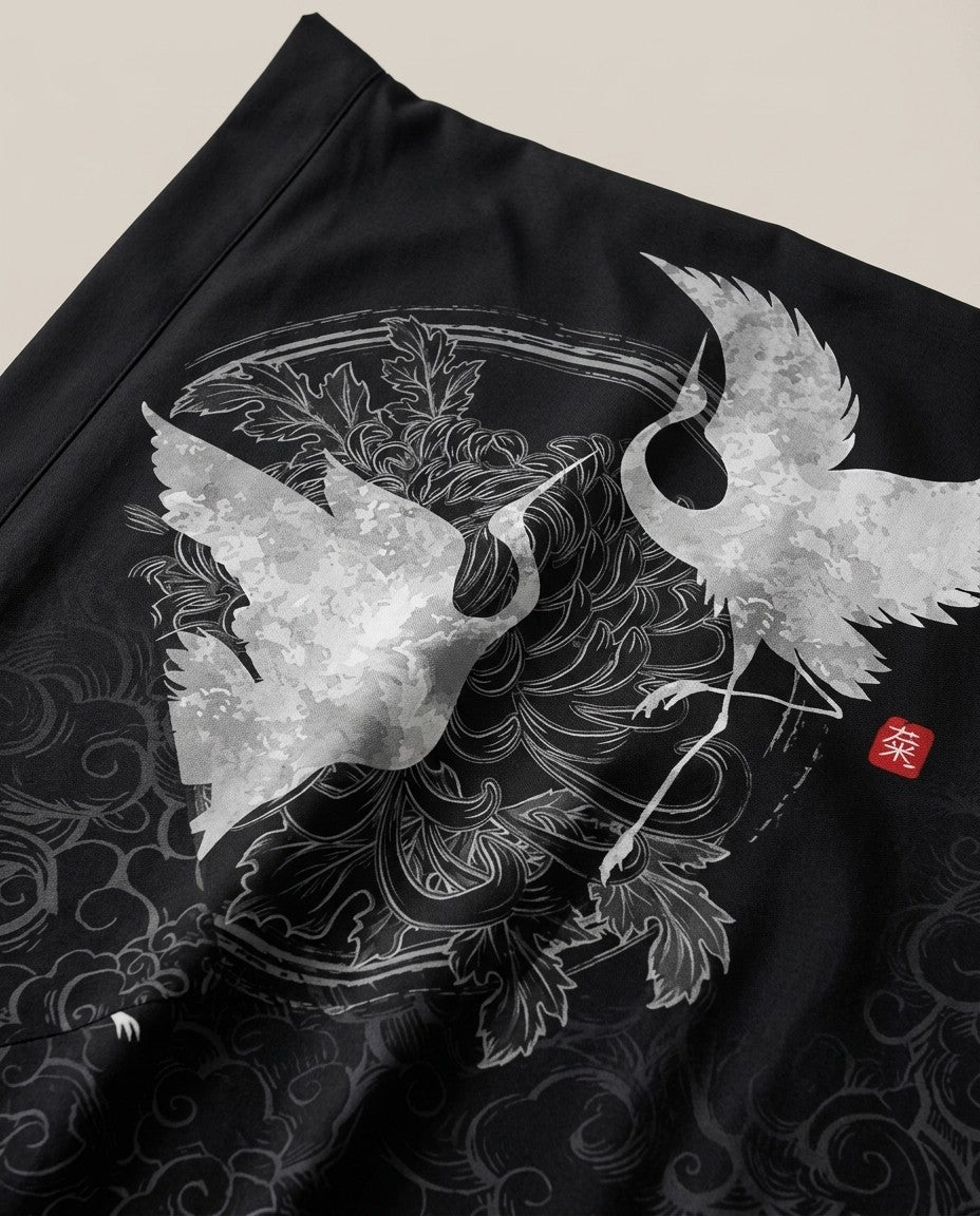 Black kimono jacket for men, print close-up