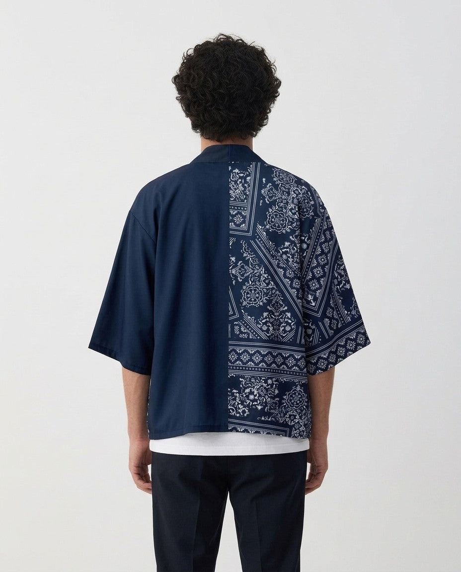 Blue Haori Kimono Jacket, Navy Pattern | Amaji