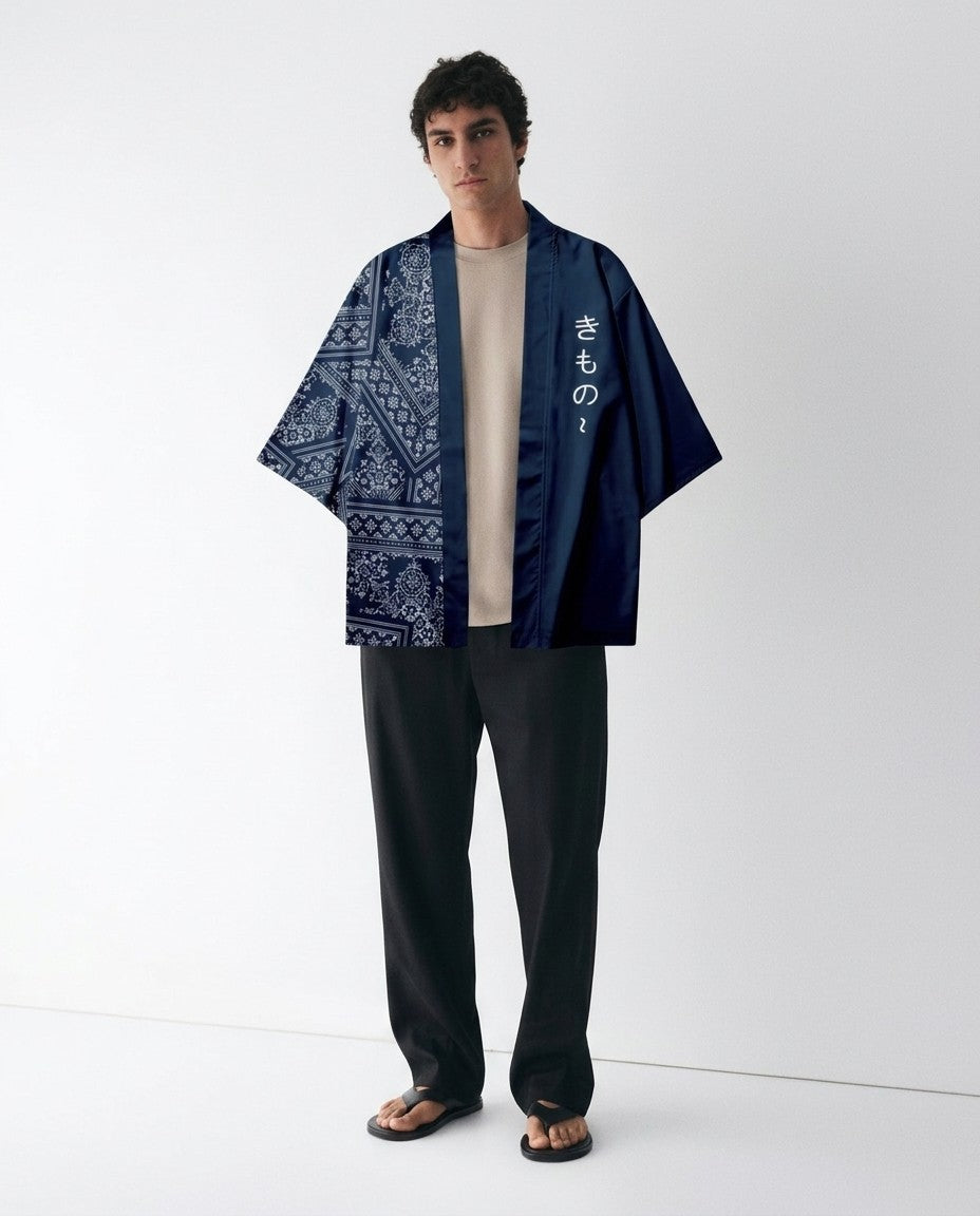 Blue Haori Kimono Jacket, Navy Pattern | Amaji