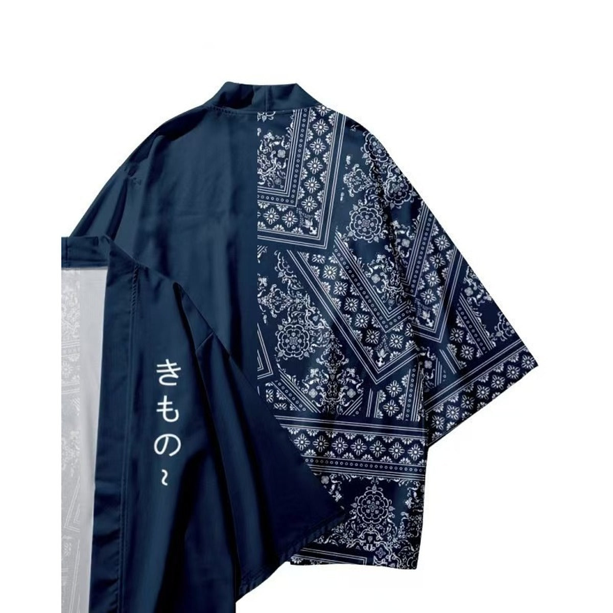 Men's blue haori with navy pattern, back view