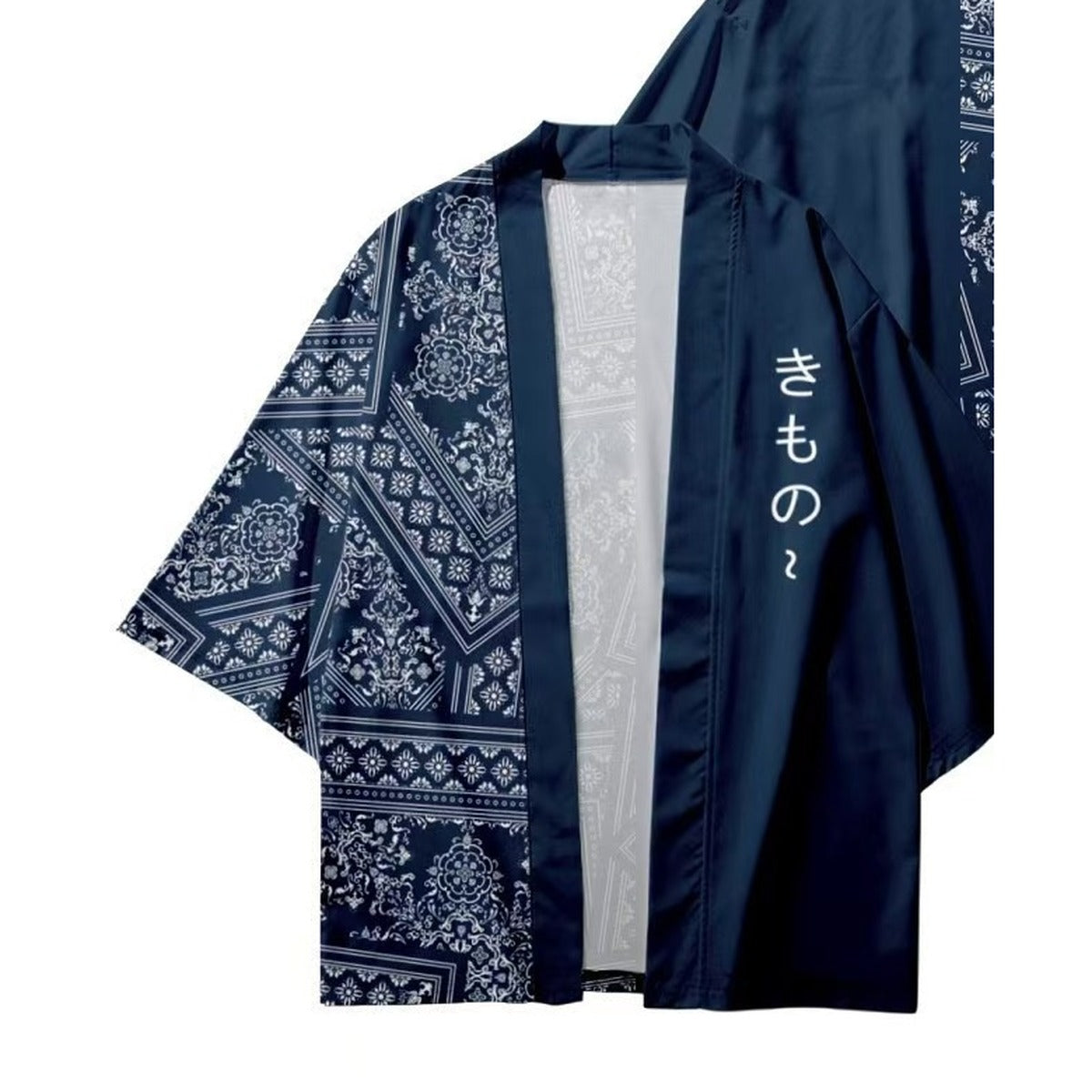 Men's blue haori with navy pattern, front view