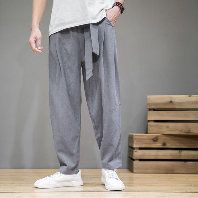 Men's cotton linen pants, loose straight leg, gray, on model