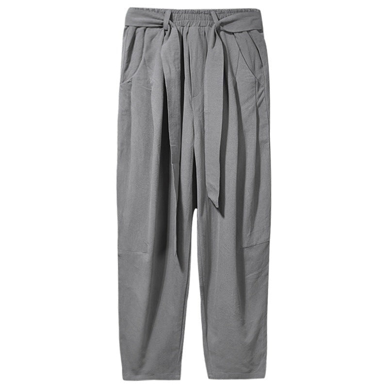 Men's cotton linen pants, loose straight leg, on model