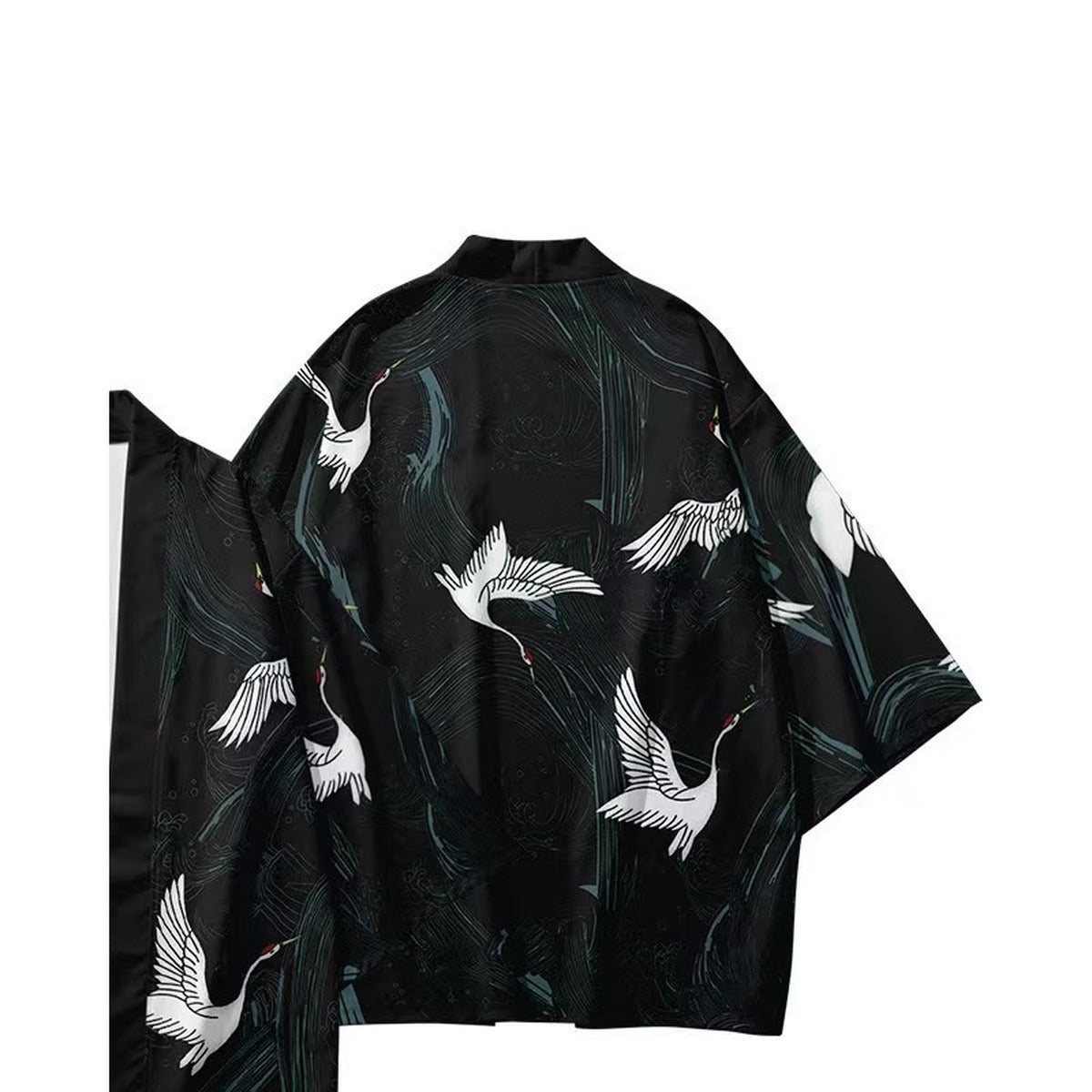 Men's crane kimono jacket with white cranes and reeds print, back view