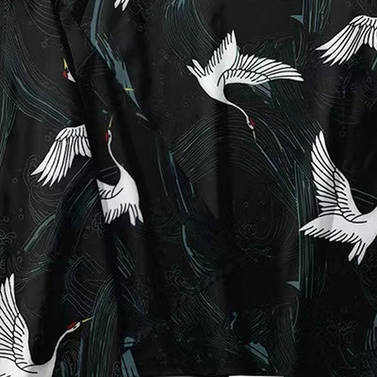 Men's crane kimono jacket with white cranes and reeds print, print detail