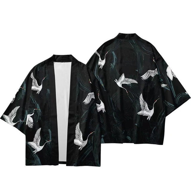 Men's crane kimono jacket with white cranes and reeds print, front and back flat lay