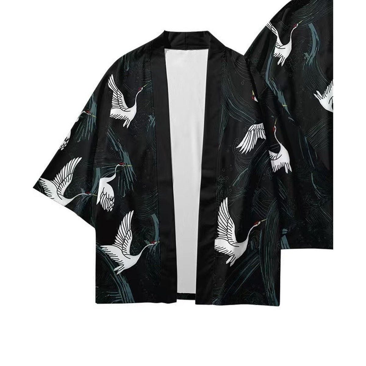 Men's crane kimono jacket with white cranes and reeds print, front view