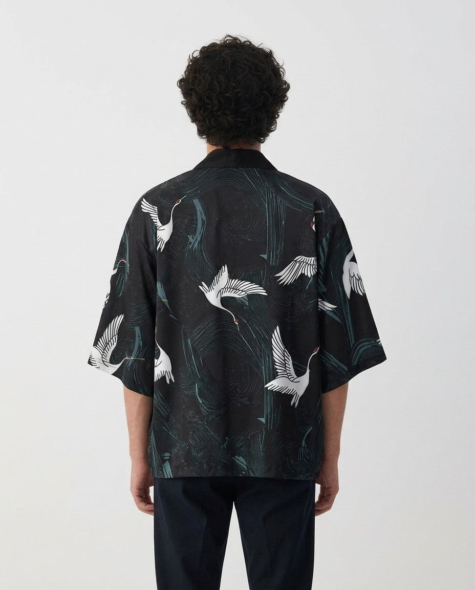 Crane kimono for men on a model, back view