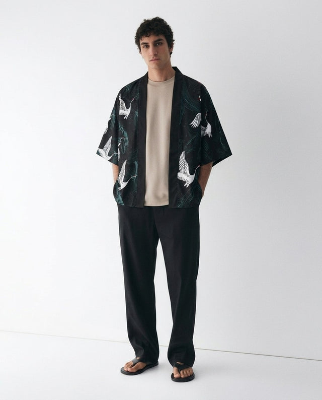 Crane kimono for men on a model, front view